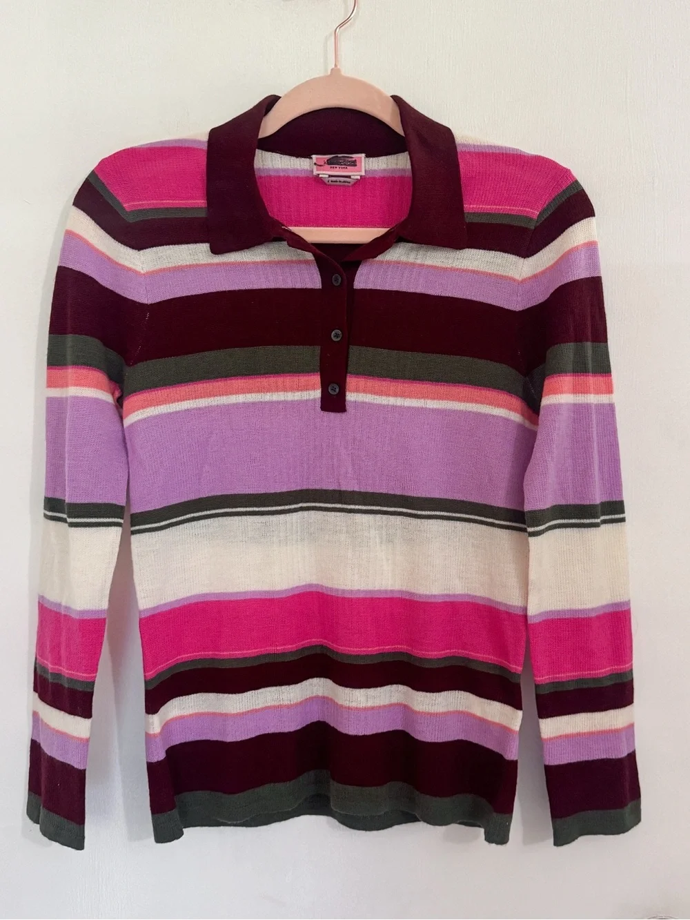 Kate Spade Fine Striped Polo Wool Sweater in Pink, Burgundy & White NWOT Small